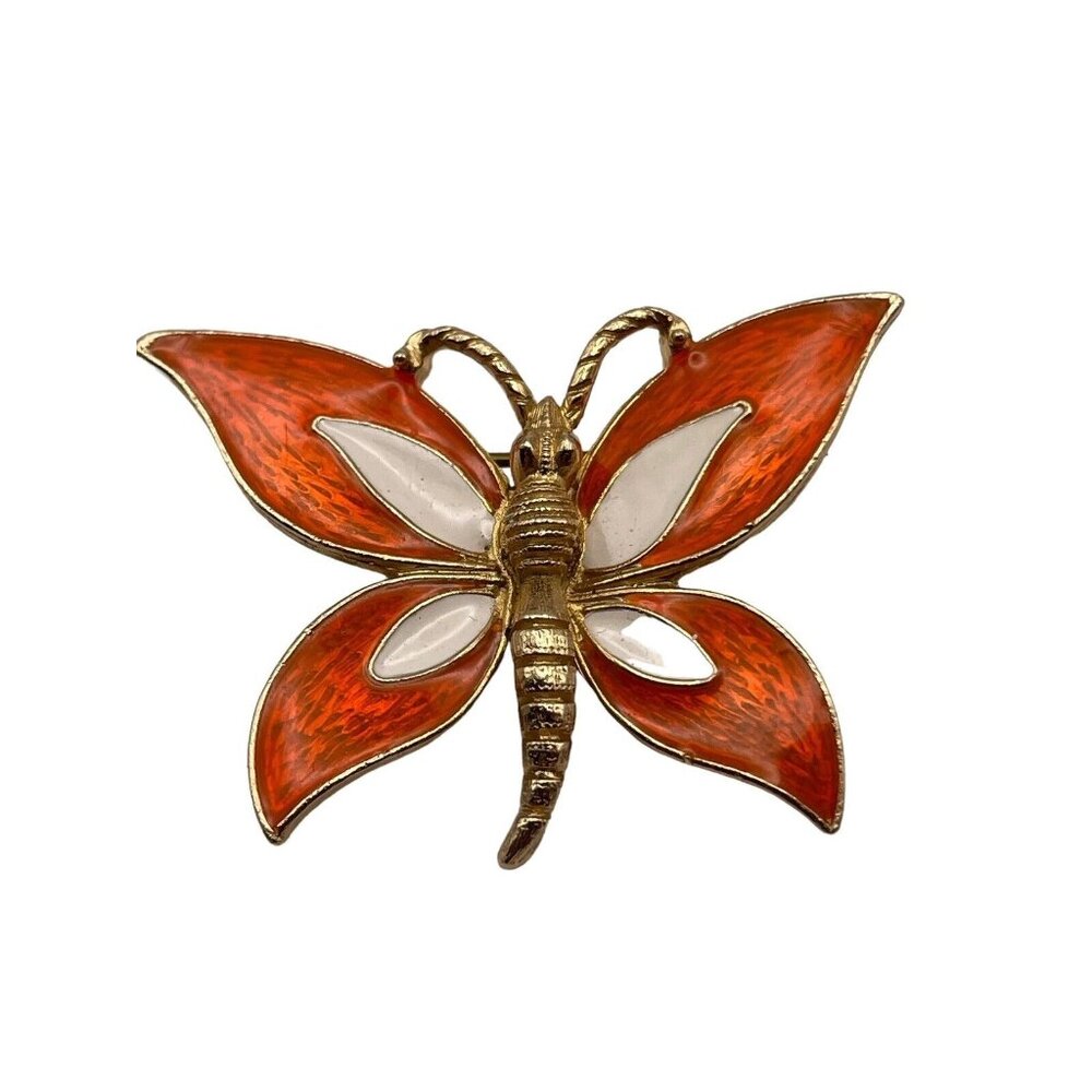 Vintage Florenza Orange White Enamel Gold Tone Butterfly Insect Pin‎ Brooch